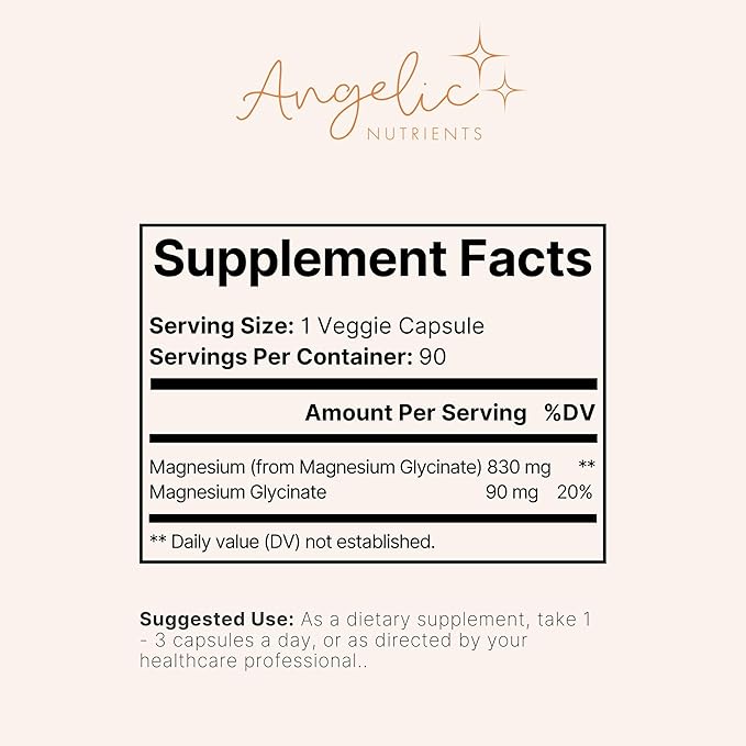 Magnesium Glycinate 830mg | 90mg Elemental Magnesium 90 Capsules High Absorption (Vegan Friendly Non Buffered Gluten Free Non-GMO) by Angelic Nutrients