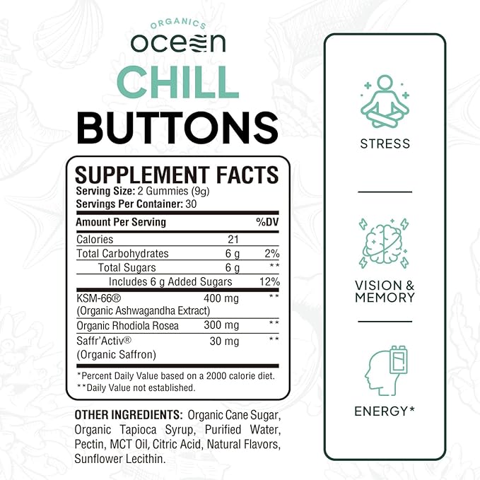 Organics Ocean Chill Buttons – Natural Ashwagandha Gummy Supplement with Organic KSM-66 Saffron &amp Rhodiola Rosea – Supports Relaxation Mood Focus &amp Energy - 3-Pack 180 Count