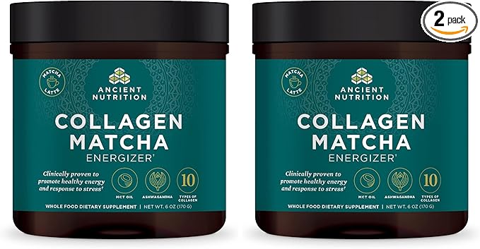 Ancient Nutrition Matcha Powder with Collagen Collagen Matcha with MCTs &amp Ashwagandha for Energy Metabolism Skin Hair and Gut Health 20 Servings (Pack of 2)