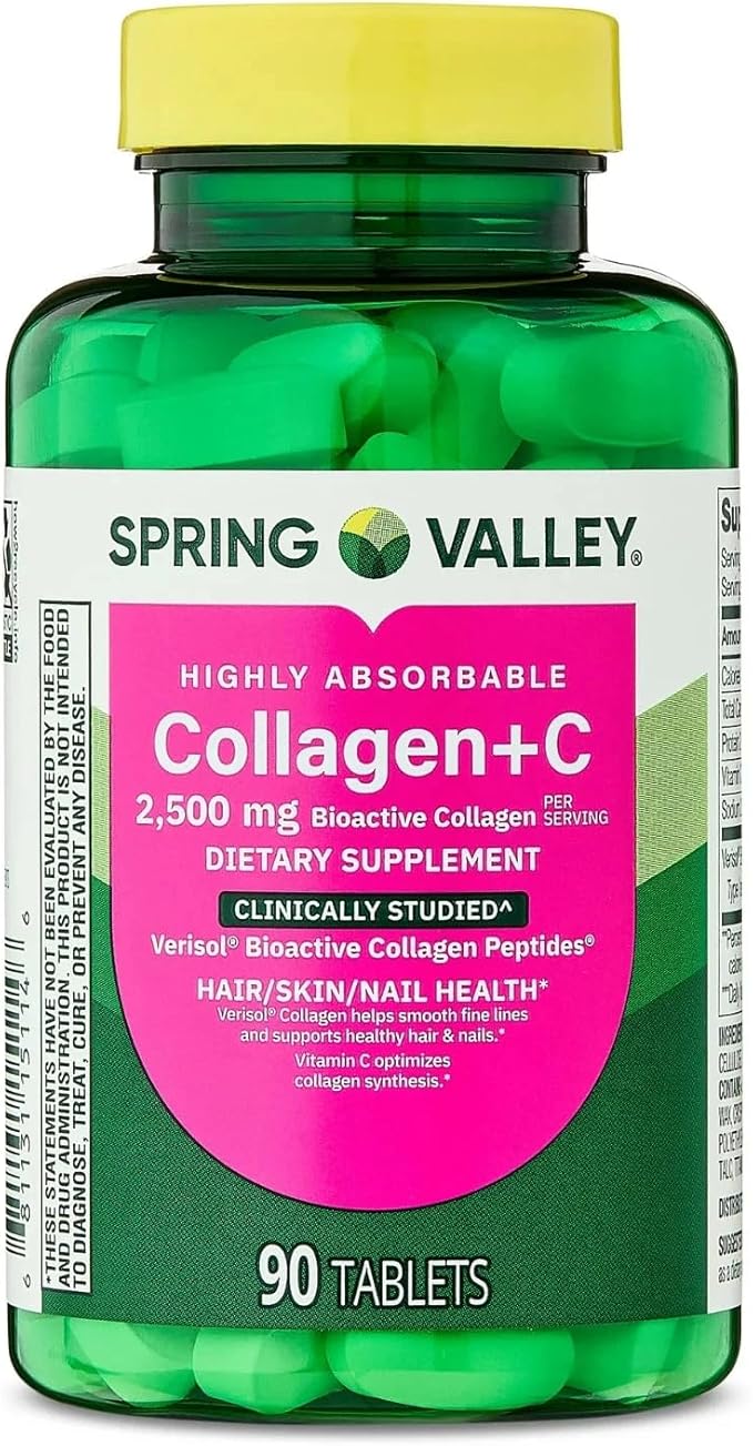 Spring Valley Collagen + Vitamin C 2500 mg Tablets Skin &amp Joint Support Supplement 90 Count