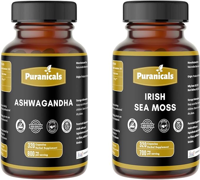 Ashwagandha 320 Capsules &amp Irish Moss 320 Capsules Combo – Herbal Dietary Supplement | Easy Daily Use | Non-GMO Ingredients No Artificial Colors | Capsules Combo Pack