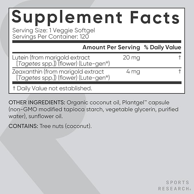 Sports Research® Lutein and Zeaxanthin Capsules - Eye Health Support Supplement Made with Lute-Gen® and Organic Coconut Oil - Vegan Friendly &amp Non-GMO Verified - 120 Veggie Softgels