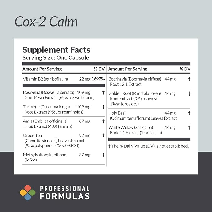 Professional Formulas Cox-2 Calm Synergistic Herbal Blend with Turmeric Boswellia White Willow Green Tea &amp Holy Basil Supports Healthy Inflammatory Balance Joint Comfort &amp Mobility 90 Caps