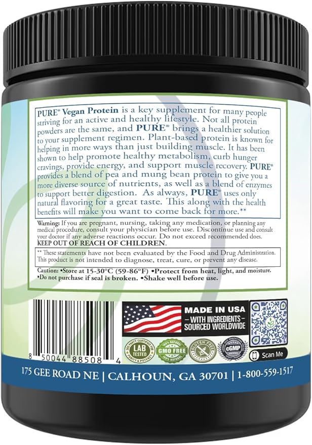 PURE® Vegan Protein Powder - 25g Plant Based Protein 15 Servings - Pea &amp Mung Bean Blend with Digestive Enzymes - Dairy-Free - Muscle Recovery &amp Appetite Control - Strawberry 495 Grams