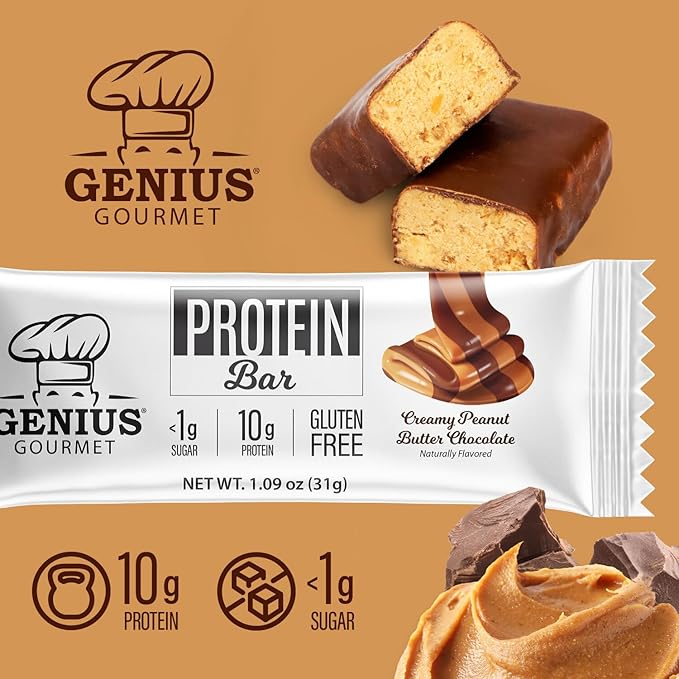 Genius Gourmet Protein Bar Chocolate Peanut Butter Keto Snack Low Carb Low Sugar &amp Gluten Free Protein Snacks for Adults 10G of Whey Protein per Protein Bar 5 Net Carbs 10 Count
