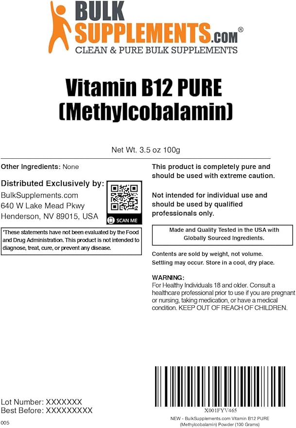 BulkSupplements.com Pure Vitamin B12 Methylcobalamin Powder - Vitamin B12 Supplements - Pure Product Multiple Servings 100g (3.5 oz) (Pack of 1)