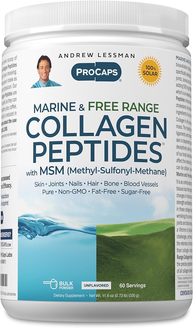 ANDREW LESSMAN Marine Free Range Collagen Peptides Powder and MSM 60 Servings - Supports Radiant Smooth Soft Skin Comfortable Joints. Super Soluble No Fishy Flavor No Additives Non-GMO