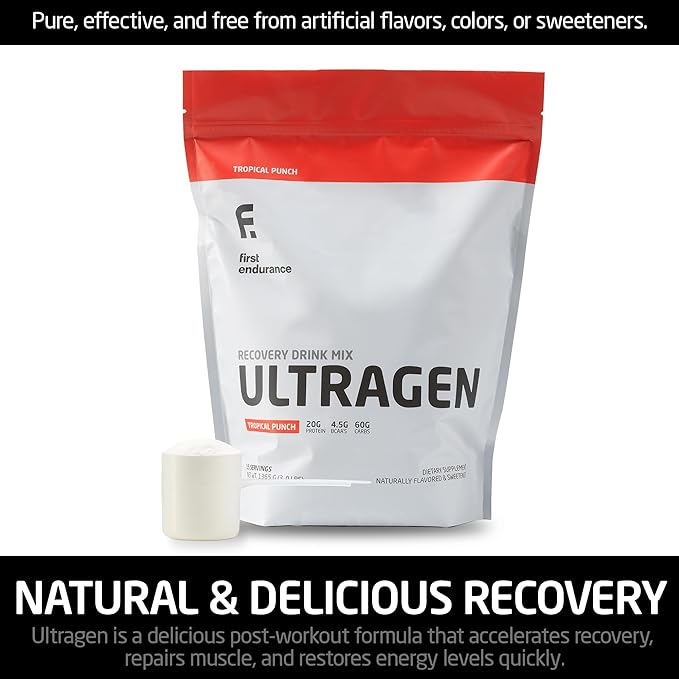 FIRST ENDURANCE Ultragen Workout Recovery Drink Powder Protein Mix Boosts Energy Accelerates Recovery | Tropical Punch 15 Servings