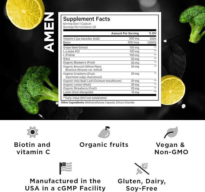 Amen Plant-Based Vegan Collagen Builder Supplement - Organic Whole Foods Lutein Vitamin C Biotin Lysine Proline Collagen Boosters - Organic Cranberry Lemon Strawberry - Once A Day - 30 Capsules