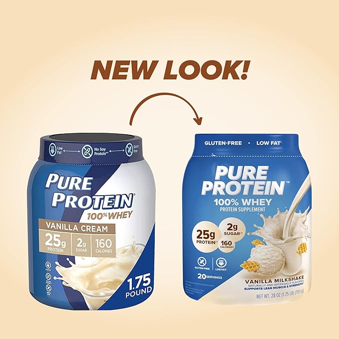Pure Protein Powder Whey High Protein Low Sugar Gluten Free Vanilla Cream 1.75 lbs &amp Carefree Panty Liners Regular Liners Wrapped Unscented 54ct (Packaging May Vary)
