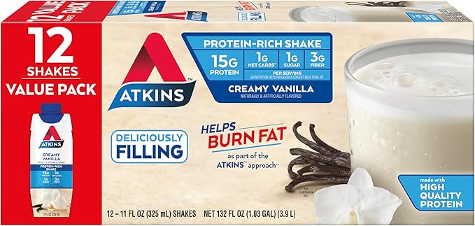 Atkins Creamy Vanilla Protein Shake 15g Protein 12 Count and Caramel Nut Chew Bar Dessert Favorite 5 Count Bundle