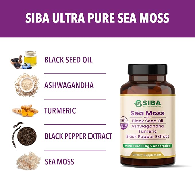 SIBA Ultra Pure Sea Moss Blend – Vegan Capsules with Sea Moss Black Seed Oil Ashwagandha Turmeric &amp Black Pepper – Supports Overall Wellness – 60 Count