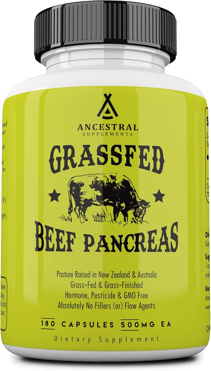 Ancestral Supplements Grass Fed Beef Pancreas Supplement 500mg Pancreatic Support with Proteolytic Digestive Enzymes for Digestion Support Including Trypsin Non GMO 180 Capsules