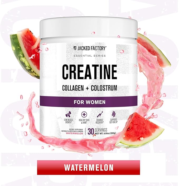 Jacked Factory Creatine for Women - Creatine Monohydrate with Collagen + Colostrum to Support Workout Performance Lean Muscle Growth Healthy Hair Skin &amp Nails - 30 Servings Watermelon