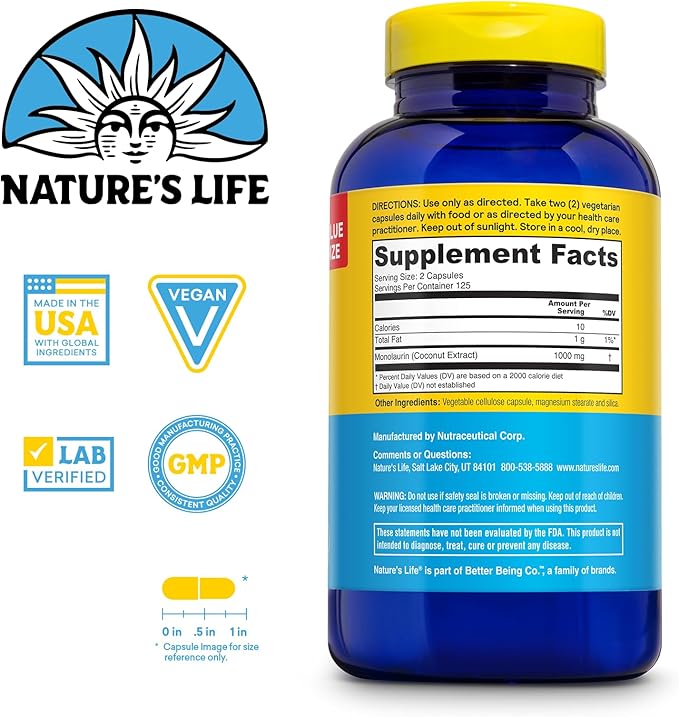 Nature's Life Nourishing Monolaurin 1000mg 250ct and Protecting Zinc Picolinate 30mg 250ct - Gut Health and Immune Support Supplements - Monolaurin from Raw Coconuts Chelated Zinc - 60-Day Guarantee