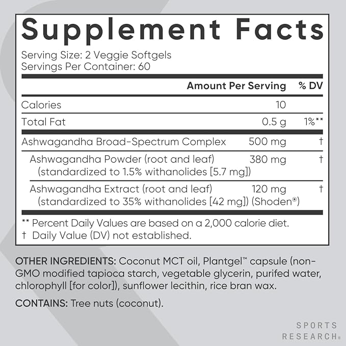 Sports Research® Ashwagandha Softgels with Coconut MCT Oil - Natural Ayurvedic Adaptogen Made with Shoden® Ashwa for Relaxation Calm &amp Sleep Support - Gluten Free &amp Vegan Friendly - 120 Count