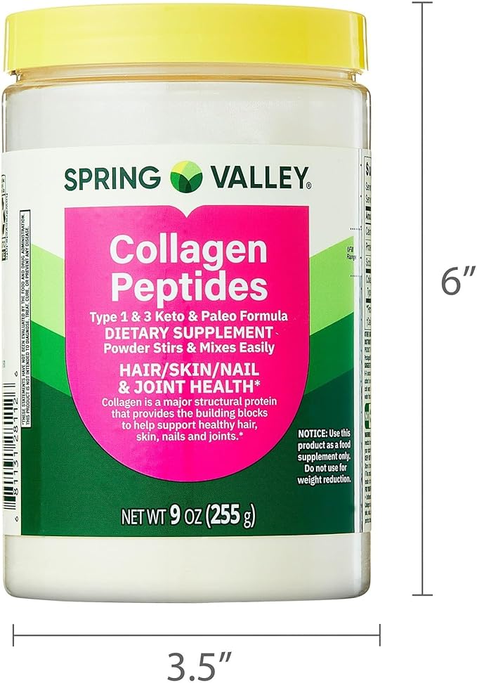 Collagen Peptides Powder 255g (9 Oz) - Hydrolyzed Protein(Type I &amp III) Keto Collagen Powder for Women &amp Men - Hair Skin and Joints by Spring Valley (Pack of 1) - Set By Basket Goods