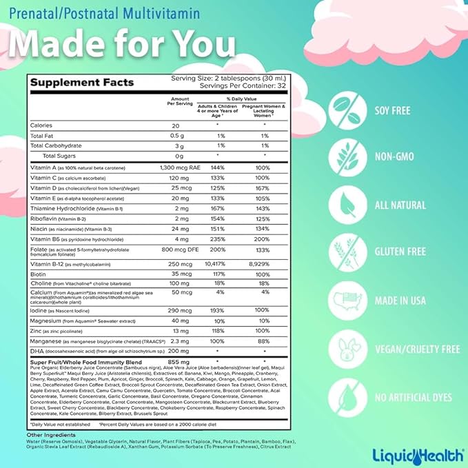 LIQUIDHEALTH Children's Complete Multivitamin &amp Women's Prenatal/Postnatal Liquid Multivitamin for Before During &amp After Pregnancy - Immune Support Health &amp Wellness for Moms &amp Kids