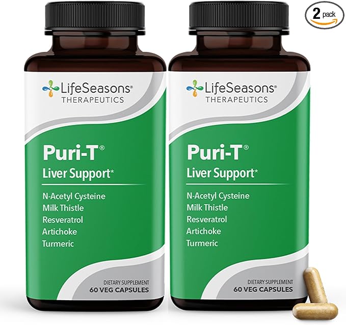 LifeSeasons Puri-T - Liver Cleanse &amp Detox Support Supplement - Resveratrol N-Acetyl Cysteine Milk Thistle Artichoke &amp Turmeric - Supports Tissue Regeneration &amp Healthy Bile - 60 Capsules