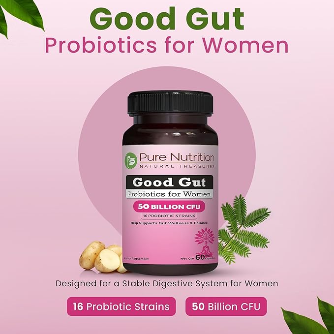Pure Nutrition Good Gut Women's Probiotics 50 Billion CFU 16 Strains | 60 Caps | Probiotics for Women with Organic Prebiotic Blend | Once Daily | Non GMO | Gluten Free