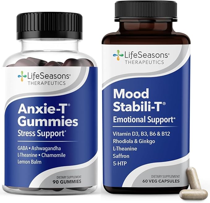 LifeSeasons Anxie-T Gummies + Mood Stabili-T Bundle – Stress Relief &amp Mood Support – Calm Nerves Ease Tension Promote Happiness &amp Emotional Balance – Ashwagandha GABA 90 Gummies + 60 Capsu