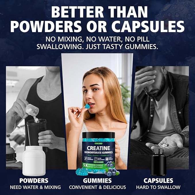 Creatine Gummies for Men &amp Women - Chewable Creatine Monohydrate Gummies with Taurine &amp Vitamin B12 5g Creatine per Serving Blueberry Flavor Raspberry-Shaped - 120 Count