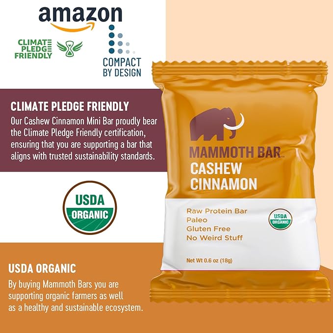 Mammoth Bar Cashew Cinnamon Mini Bar - Mini Organic Snack Bar Packed with 4g Protein. Made with Cinnamon Paleo &amp Gluten Free • Raw - 16 Mini Bars
