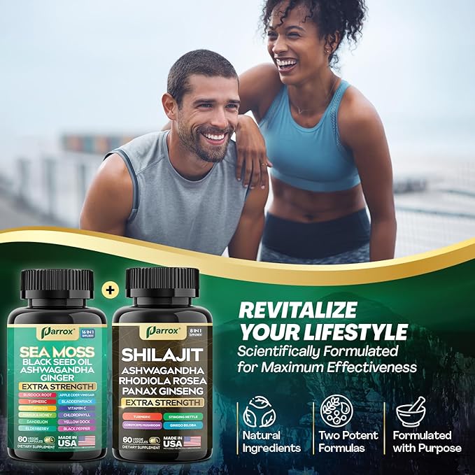 Collagen &amp Sea Moss Shilajit Capsules Bundle – 30-Day Supply – Collagen Peptides I II III V X + Biotin Hyaluronic Acid – Sea Moss Shilajit Ashwagandha Rhodiola Ginseng