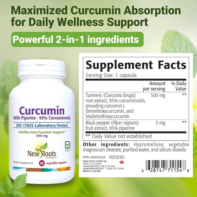 NEW ROOTS HERBAL Turmeric Curcumin Supplement 500mg with Black Pepper Extract - 20x Better Absorption | Coumarin Capsules with 95% Curcuminoids &amp 95% Piperine (90 Veg Capsules)
