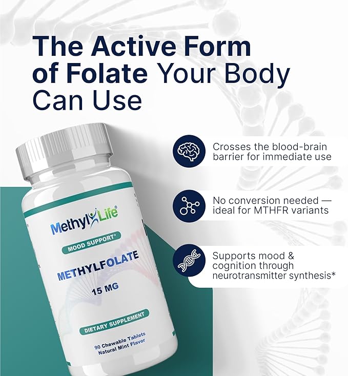 Methyl-Life® L-Methylfolate 15 mg for Women &amp Men – Active Folate Supplement with ultrapure Cerebrofolate® (L-5-MTHF Calcium) – High Bioavailability B9 Support – Tasty Chewable Tablets | 90 Count