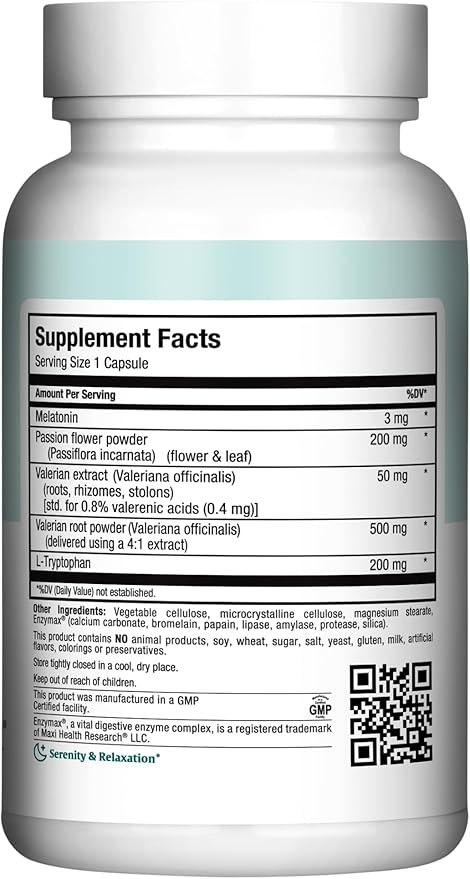 Maxi Health Adults Herbal Sleep-O-Max with Valerian Root Melatonin Tryptophan Passionflower - Natural Sleep Supplement - Calm Sleep Support Formula