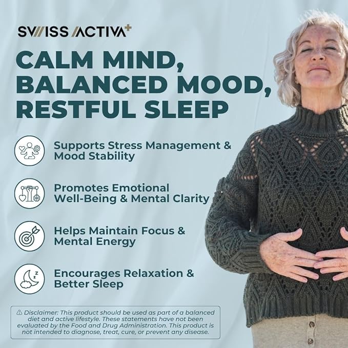 Swiss Activa+ Labs Stress Relief Supplement | Natural Support with Ashwagandha L-Theanine &amp Rhodiola | Calming Supplements for Adults | Cortisol &amp Mood Balance Focus &amp Relaxation | 60 Da