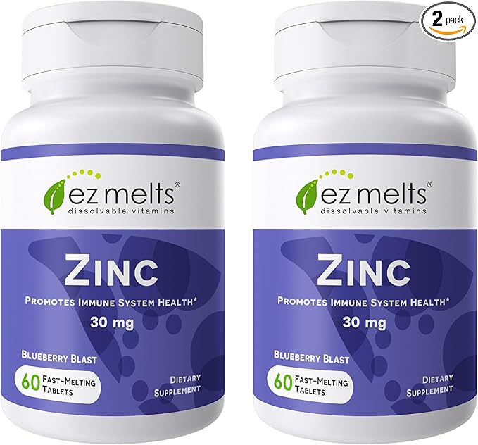 EZ Melts Zinc - Supplement for Immune Digestive &amp Skin Health Support - Non-GMO Vegan &amp Gluten-Free - Blueberry Blast - 120 Dissolvable Tablets (120 Servings)