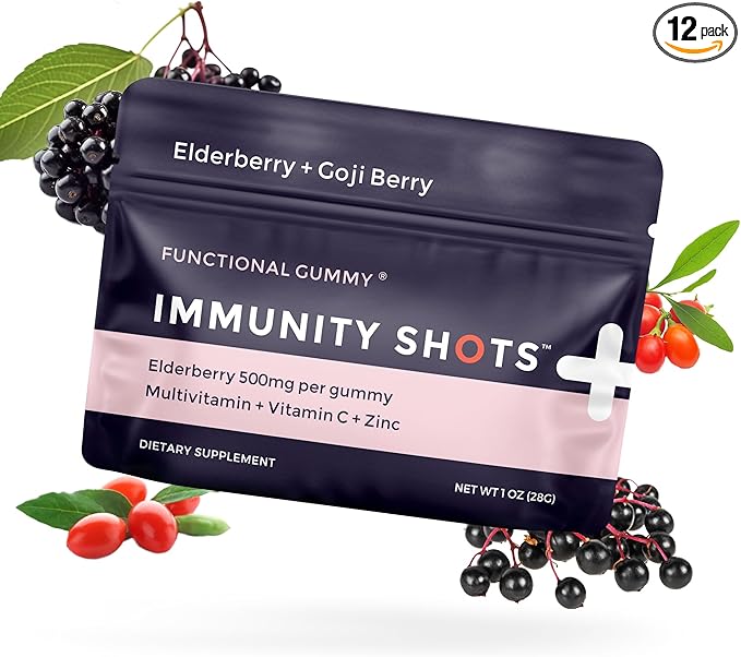 SGC Immunity Shots - Elderberry and Goji Berry 500mg Multivitamin Gummies (12-Packs 4 Per Pack) Immune System Support Supplement Vegan Gluten Free Plant-Based Made in USA
