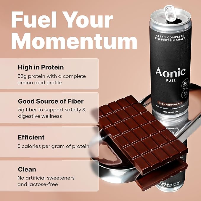 Aonic Fuel 32g Protein Shake 5g Fiber Lactose-Free Complete Amino Acid Profile No Added Sugar Made with Real Cocoa 11 fl oz (Pack of 12) - Rich Chocolate