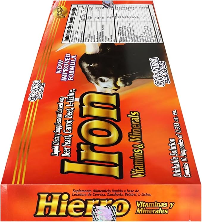 Hierro Liquid Dietary Supplement – Iron with Brewer’s Yeast Carrot Beetroot &amp L-Lysine – Vitamins &amp Minerals – 10 Ampoules x 10 mL