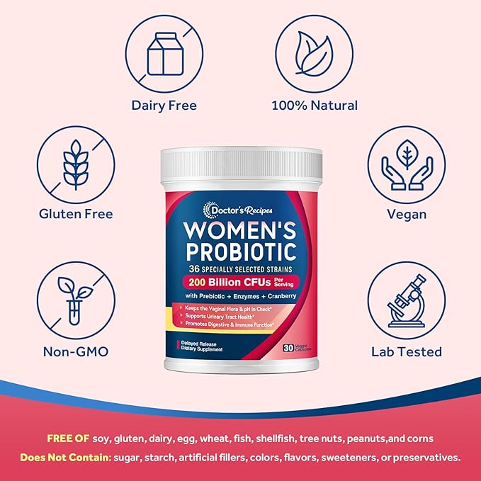 Doctor's Recipes Probiotics for Women 200B CFUs 36 Strains with Prebiotics Enzymes &amp Cranberry Vaginal Urinary Digestive &amp Immune Shelf Stable 30 Caps
