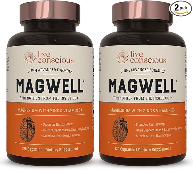 Live Conscious Magnesium Zinc &amp Vitamin D3 - Bioavailable Forms of Magnesium - Malate Glycinate Citrate - MagWell Bone &amp Heart Health Immune System Support - 120 Capsules (2-Pack)