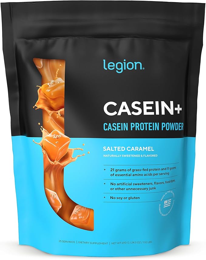 LEGION Casein+ Casein Protein Powder (Salted Caramel) - Slow-Release Micellar Casein Protein Powder - Non-GMO Gluten-Free &amp Naturally Sweetened CaseinPowder from Grass-Fed Cows