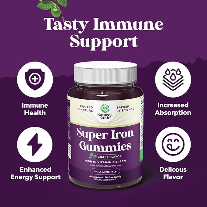 Bundle of Extra Strength Iron Gummies for Women and Men - Potent 45mg per Serving Chewable Supplement and Vitamin C Gummies for Adults Ascorbic Acid Natural Gummy Immune Booster &amp Natural Cold Rem