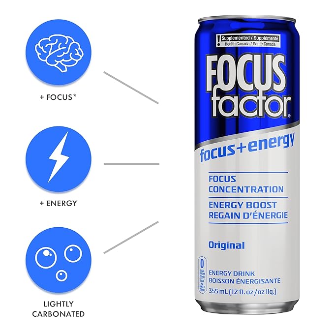 Focus Factor Energy Drink - 12 x 355ml Cans (Original Flavour) - with Focus + Energy - Lightly Carbonated Sugar Free Low Calorie with Vitamin B6 &amp Vitamin B12