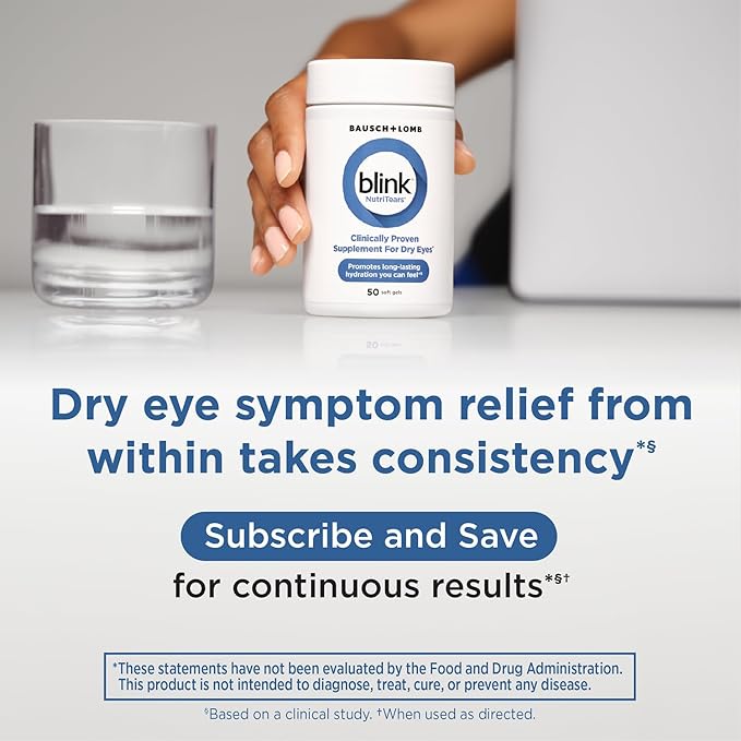 Blink NutriTears Clinically Proven Supplement for Dry Eyes Eye Care with Lutein &amp Zeaxanthin and Vitamin D to Hydrate Eyes from Within for Long-Lasting Relief 50 Softgels