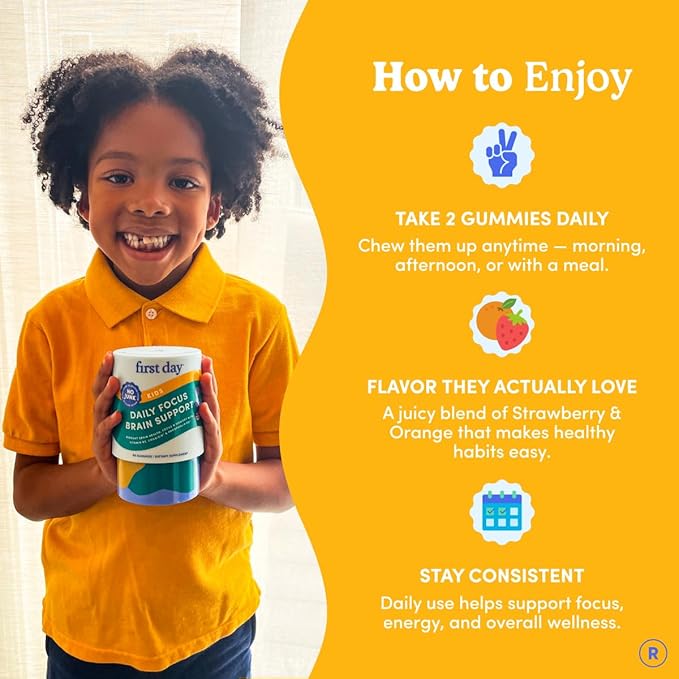 FIRST DAY Kids Focus &amp Brain Supplement Gummies Ages 4+ | Attention &amp Calm Support with Cognizin® Citicoline &amp Phosphatidylserine | Organic Vegan | 30-Day Supply