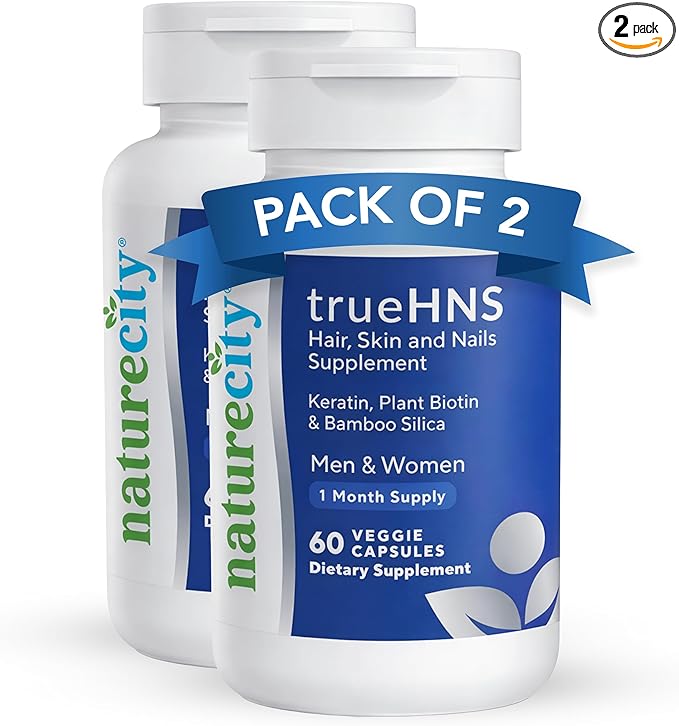 NatureCity True-HNS Hair Nails and Skin Cynatine Keratin and Plant Based Biotin Vitamin Supplement | Fuller and Stronger Hair and Nails | Non GMO | 60 Veggie Capsules (Pack of 2)
