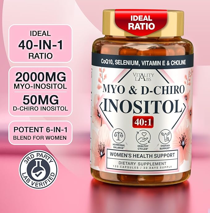 Myo-inositol &amp D-chiro Inositol Supplement for Women - Ideal 40:1 Ratio Complex for Fertility Hormonal Balance Menstrual Cycle &amp Ovarian Health Support with CoQ10 Choline &amp Selenium - 1