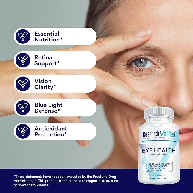 Research Verified Eye Health - Nourish and Protect Eyes and Vision Support Healthy Retina Improve Blood Supply to Eyes - Vitamins A B C and E - 60 Capsules - Made in the USA