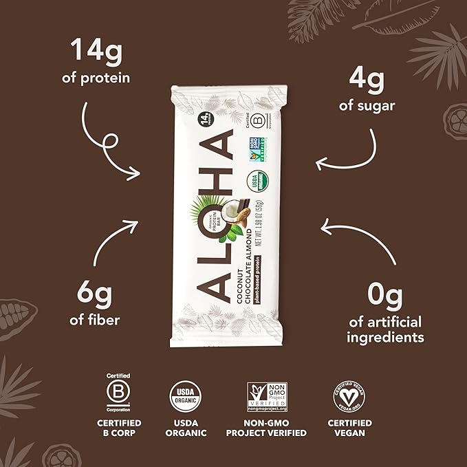 ALOHA Organic Plant Based Protein Bars - Chocolate Coconut Almond Vegan Low Sugar Gluten-Free Low Carb Non-GMO No Stevia No Erythritol - 12 Count (Pack of 1)