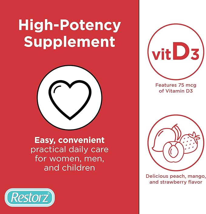 Restorz Vitamin D3 Gummies (120 Total 12-Pack 10 Per Pouch) - Flavorful Peach Mango &amp Strawberry Wellness Chews/Heart &amp Bone Support/Vegan &amp Gluten Free/Soft Tasty Chewables for Adults