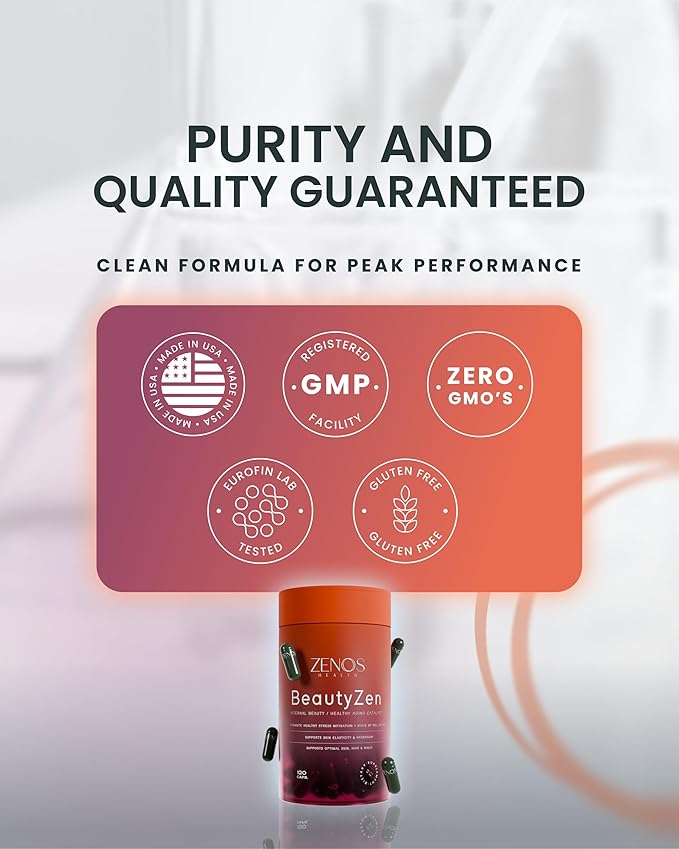 Zenos Health BeautyZen - Beauty Supplement for Hair Growth with DHT Blocker Biotin Collagen Keratin &amp Antioxidants Supplement Androgen Blocker Anti Aging Keratin Complex - Made in USA 120 Cap