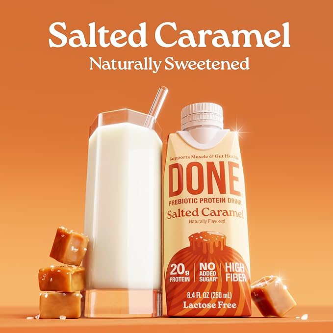 Done Prebiotic Protein Drink Salted Caramel 20G Whey Protein High Fiber Protein Shake With Prebiotics Gluten Free Lactose Free No Added Sugar Natural Flavor Non GMO 8.4 FL Oz Each 15 Pack